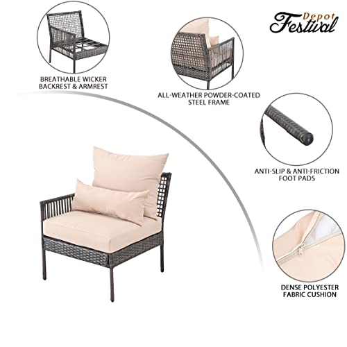 Festival Depot Patio Wicker Dining Chair, All-Weather Rattan Sectional Sofa Outdoor Furniture with Metal Frame Removable Seat & Back Cushion Pillow for Garden Pool Backyard Lawn (Beige)
