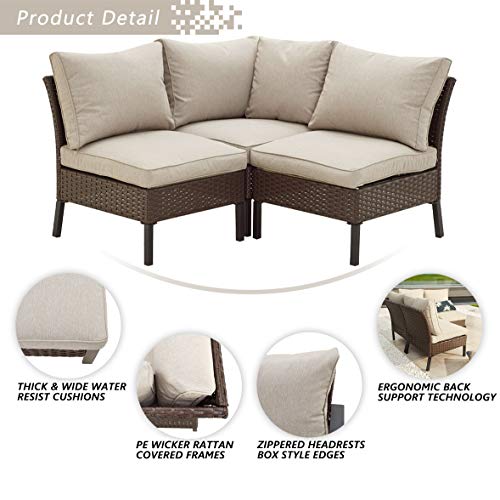 Festival Depot 3 Pieces Patio Conversation Set Sectional Corner Sofa Combination Outdoor All-Weather Wicker Metal Armless Chairs with Seating Back Cushions Garden Deck Poolside 