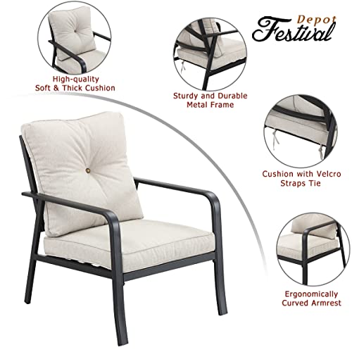 Festival Depot Patio Bistro Dining Chairs Outdoor Furniture with Curved Armrest, Metal Steel Frame and Detachable Seat & Back Cushion for Porch Balcony Deck Poolside, Beige