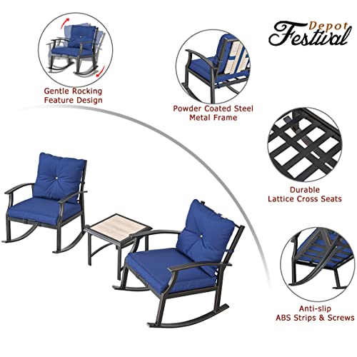 Elegant 3 Piece Rocking Bistro Set with Hand-Woven Textilene Rope, Blue Cushions, and Metal Coffee Table