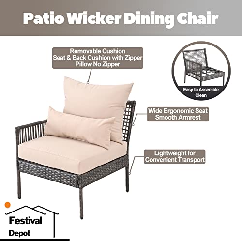 Festival Depot Patio Wicker Dining Chair, All-Weather Rattan Sectional Sofa Outdoor Furniture with Metal Frame Removable Seat & Back Cushion Pillow for Garden Pool Backyard Lawn (Beige)