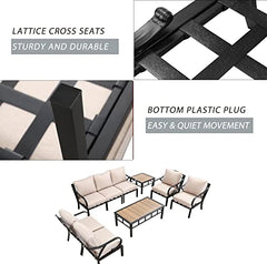 Festival Depot 9 Pieces Patio Conversation Set Sectional Sofa Armchair with Thick Cushions and Side Coffee Table All Weather Metal Outdoor Furniture for Deck Garden, Beige