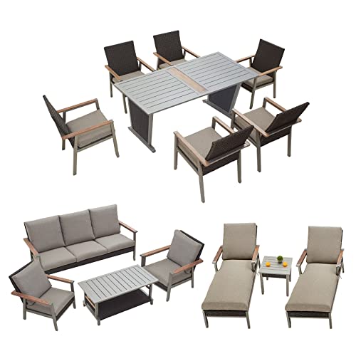 Sports Festival 14 Pieces Outdoor Sectional Sofa Furniture Set Include 6-Seats Dining Set, 5-Seats Loveseat Set Set with Metal Frame, Woven Wicker and Removable Back& Seat Cushions