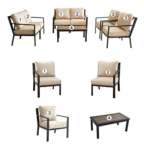 Festival Depot 7-Pieces Patio Outdoor Furniture Conversation Sets Loveseat Sectional Sofa, All-Weather Black Slatted Back Chairs with Coffee Table and Soft Removable Couch Cushions (Beige) 