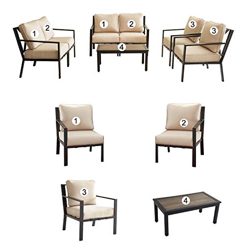 Festival Depot 7-Pieces Patio Outdoor Furniture Conversation Sets Loveseat Sectional Sofa, All-Weather Black Slatted Back Chairs with Coffee Table and Soft Removable Couch Cushions (Beige)