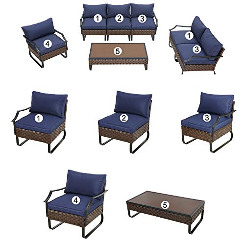 Festival Depot 7 Pieces Patio Conversation Sets Loveseat Outdoor Furniture Sectional Sofa with All-Weather PE Rattan Wicker Back Armchair, Coffee Table and Soft Removable Couch Cushions (Blue) 