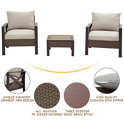 Festival Depot 3-Piece Bistro Outdoor Patio Furniture Conversation Set 3.1" Soft & Deep Cushion Wicker Rattan X-Armchairs Square Wood Grain Top Side Coffee Table with Side X Shaped Slatted Steel Legs