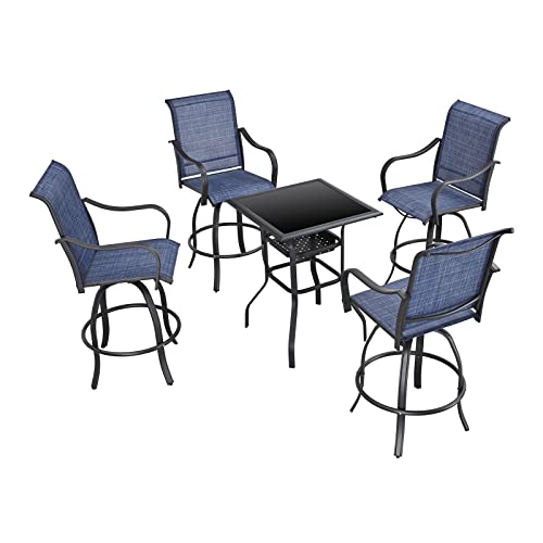 Festival Depot 3 Pcs Patio Bistro Bar Set High Stools Outdoor Furniture with 360° Swivel Armrest Chairs, Coffee Table with Tempered Glass Desktop, Metal Frame for Deck Poolside Garden Porch