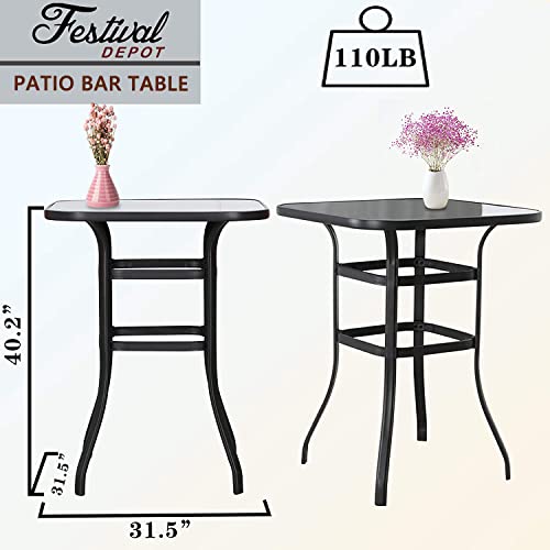 Festival Depot 5 pcs Bar Bistro Patio Outdoor Dining Furniture Sets High Stools 360° Swivel Chair with Slatted Steel Curved Armrest Coffee Table Tempered Glass Desktop (4 Chairs,1 Table) 