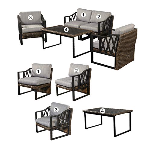 Festival Depot 5pcs Outdoor Furniture Patio Conversation Set Sectional Sofa Chairs All Weather Brown Rattan Wicker Slatted Coffee Table with Grey Thick Seat Back Cushions, Black