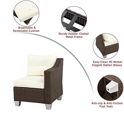 Festival Depot Patio Rattan Wicker Single Sofa Outdoor Sectional Chair with Removable Cushion Metal Frame All Weather Waterproof Furniture Seating for Garden Yard Lawn Pool (Beige)