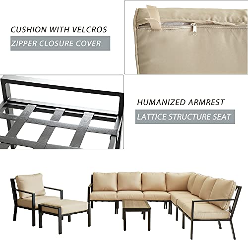 Festival Depot 10-Pieces Patio Outdoor Furniture Conversation Sets Sectional Corner Sofa, All-Weather Black X Slatted Back Chairs with Coffee Side Table and Soft Removable Couch Cushions (Beige) 