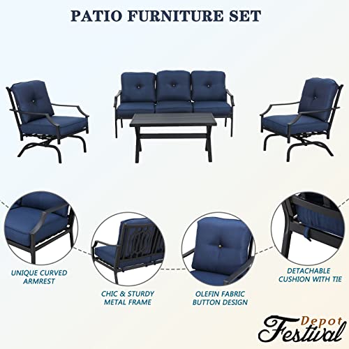 Festival Depot 4 Pieces Patio Conversation Set Outdoor Furniture Set (3-Seats Loveseat, 2 Armchairs and 1 Coffee Table) with Metal Frame and Cushions for Garden Poolside Backyard Deck