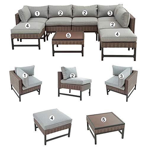 Festival Depot 8 Pieces Patio Conversation Set Outdoor Furniture Combination Sectional Corner Sofa All-Weather Woven Wicker Metal Armchairs with Seating Back Cushions Side Coffee Table Ottoman, Gray 