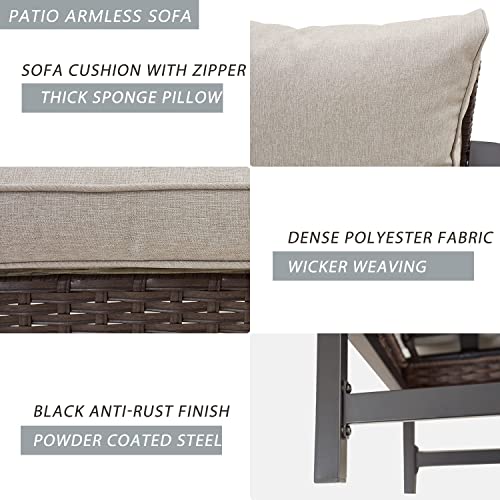 Festival Depot Patio Armless Sofa Sectional Furniture Loveseat Outdoor Dining Chair with Cushions Pillow and Metal Frame Wicker for Garden Backyard Pool Farmhouse (Beige) (B-PF20722-new1) 
