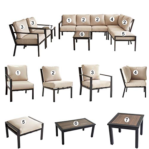 Festival Depot 10-Pieces Patio Outdoor Furniture Conversation Sets Sectional Corner Sofa, All-Weather Black X Slatted Back Armchairs with Coffee Table and Thick Removable Couch Cushions (Beige) 