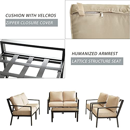 Festival Depot 7-Pieces Patio Outdoor Furniture Conversation Sets Loveseat Sectional Sofa, All-Weather Black Slatted Back Chairs with Coffee Table and Soft Removable Couch Cushions (Beige) 