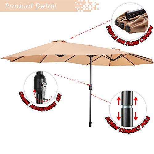Festival Depot 14.7 ft Patio Umbrella Outdoor Large Twin Umbrella Double-Sided Ventilation Sun Canopy Market Umbrella with Aluminum Pole Handle Crank Without Base for Garden, Poolside, Deck 