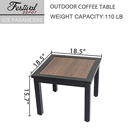 Festival Depot Outdoor Patio Side/End Table Metal Square with Wooden Finish Table Top and Steel Legs for Poolside Deck Garden (Brown)