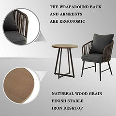 Festival Depot 3 Pcs Patio Bistro Set Outdoor Furniture with 2 Rattan Wicker Chair, Seat and Back Cushion and 1 Wood Grain Desktop Coffee Table
