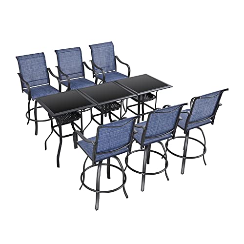 Festival Depot 3 Pcs Patio Bistro Bar Set High Stools Outdoor Furniture with 360° Swivel Armrest Chairs, Coffee Table with Tempered Glass Desktop, Metal Frame for Deck Poolside Garden Porch