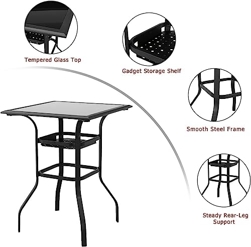 Festival Depot 3 Pcs Patio Bistro Bar Set High Stools Outdoor Furniture with 360° Swivel Armrest Chairs, Coffee Table with Tempered Glass Desktop, Metal Frame for Deck Poolside Garden Porch