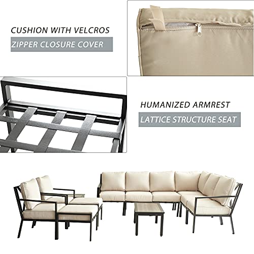 Festival Depot 11-Pieces Patio Outdoor Furniture Conversation Sets Sectional Corner Sofa, All-Weather Black X Slatted Back Chair with Coffee Table and Thick Removable Couch Cushions (Beige)