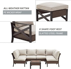 Festival Depot 7 Pcs Patio Outdoor Furniture Conversation Set Sectional Corner Sofa with All-Weather Brown Wicker Back Chair, Coffee Side Table, Ottoman and Soft Thick Removable Couch Cushions