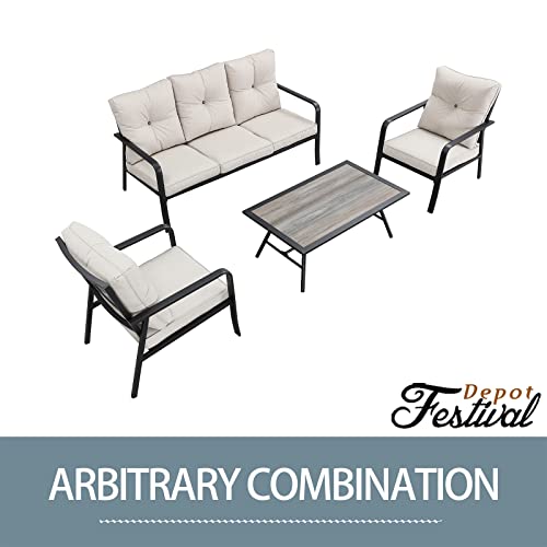Festival Depot 4 Pcs Patio Bistro Sets Outdoor Arbitrary Combination Conversation Furniture with 1 3-Seats Sofa 2 Dining Armchairs and 1 Coffee Table for Bar Indoor Home Garden Pool Porch (Beige)