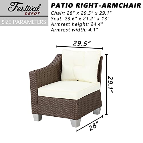 Festival Depot Patio Rattan Wicker Single Sofa Outdoor Sectional Chair with Removable Cushion Metal Frame All Weather Waterproof Furniture Seating for Garden Yard Lawn Pool (Beige)
