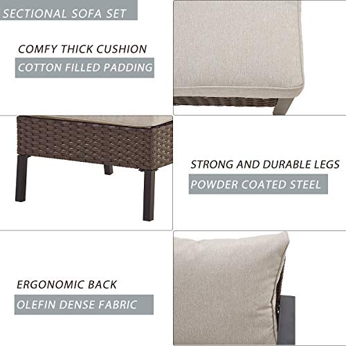 Festival Depot 7 Pcs Patio Outdoor Furniture Loveseat Conversation Set Sectional Sofa with All-Weather Brown Wicker Back Armchair, Coffee Table, Ottoman and Soft Thick Removable Couch Cushions