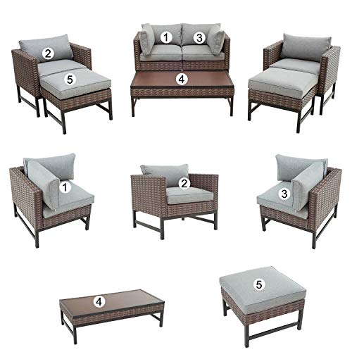 Festival Depot 7 Pcs Patio Outdoor Conversation Wicker Chairs Cushions Ottomans Set with Coffee Square Table Metal Frame Furniture Garden Bistro Seating Thick Soft Cushion (Gray) 