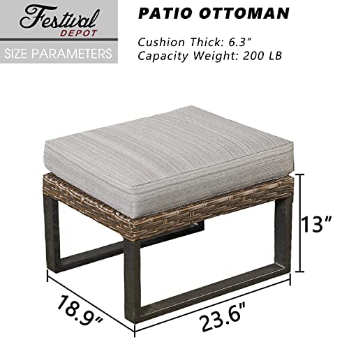 Festival Depot Patio Ottoman Outdoor Wicker Footstool Small Seat Rattan Furniture with All- Weather Metal Legs and 6.3" Cushion for Deck Poolside Yard Garden Porch (Grey) 