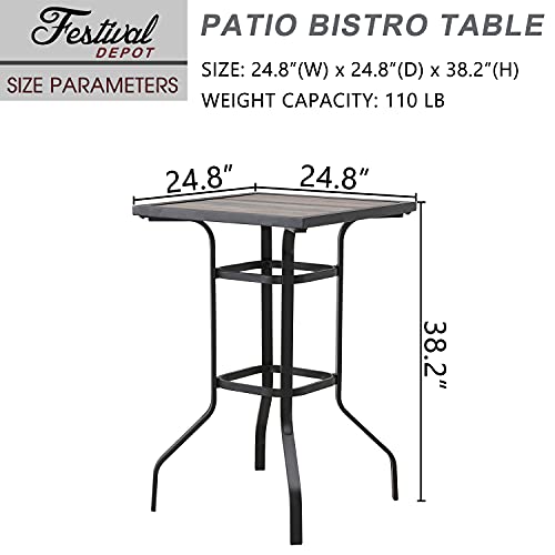 Festival Depot 24.8" Patio Table Square Bar Height Table with Metal Frame and Wood Grain Top Outdoor Furniture for Bistro Deck Lawn
