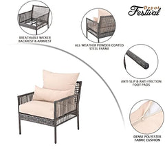 Festival Depot Patio Wicker Dining Chair, All-Weather Rattan Sectional Sofa Outdoor Furniture with Metal Frame Removable Seat & Back Cushion Pillow for Garden Pool Backyard Lawn (Beige)