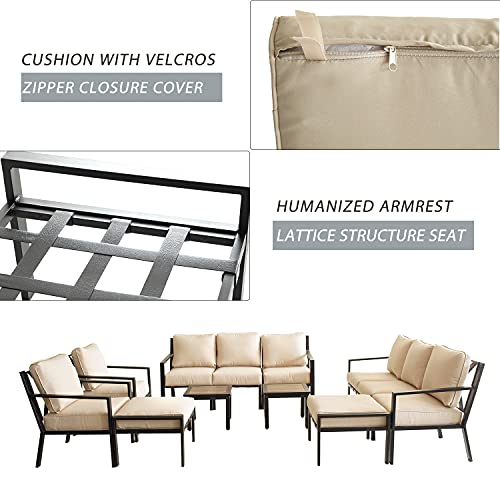 Festival Depot 12-Pieces Patio Outdoor Furniture Conversation Sets Loveseat Sectional Sofa, All-Weather Black X Slatted Back Chair with Coffee Table and Removable Couch Cushions (Beige)
