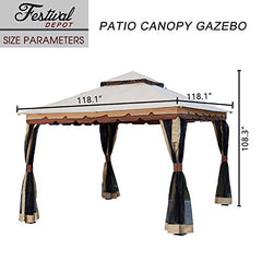 Festival Depot 9.8' 2-Tier Patio Canopy Gazebo Tent Shelter with Mosquito Netting Curtains Shade and Rain, Waterproof Soft Top Metal Frame for Lawn Garden Deck Pool Backyard (Beige)