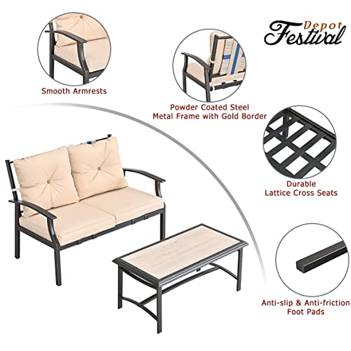 Festival Depot 2 Pcs Patio Set Conversation Set with Coffee Table Outdoor Furniture Loveseat Armchair with Hand-Woven Textilene Rope Backrest (Black Metal Frame with Beige Cushion)