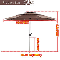 Festival Depot 9.8ft Outdoor Patio 3 Tiers Ventilation Market Aluminum Umbrella Button Tilt Easy Crank Center Light 8 Solar Powered LED Lights Bars All-Weather