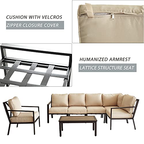Festival Depot 7-Pieces Patio Outdoor Furniture Conversation Sets Sectional Corner Sofa, All-Weather Black X Shaped Slatted Back Chairs with Coffee Table and Removable Thick Soft Couch Cushions(Beige)