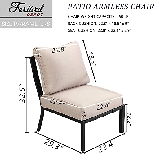 Festival Depot 1 Piece Patio Sofa Chair Outdoor Furniture Metal Armchair with Thick Seat and Back Cushions for Bistro Porch Balcony, Beige