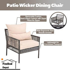 Festival Depot Patio Wicker Dining Chair, All-Weather Rattan Sectional Sofa Outdoor Furniture with Metal Frame Removable Seat & Back Cushion Pillow for Garden Pool Backyard Lawn (Beige)