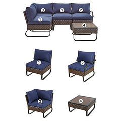 Festival Depot 5 Pieces Patio Conversation Sets Outdoor Furniture Sectional Corner Sofa with All-Weather PE Rattan Wicker Back Chair, Coffee Side Table and Soft Removable Couch Cushions (Blue)