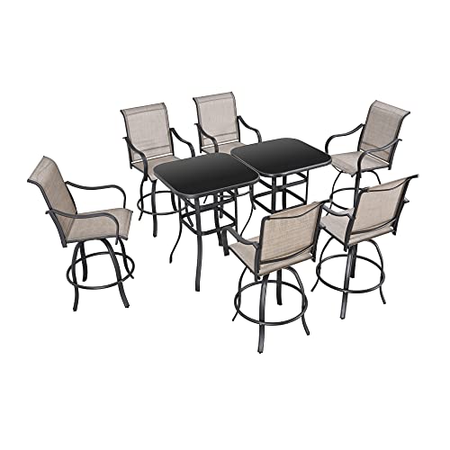 Festival Depot 8pcs Outdoor Patio Dining Furniture Sets Bar Bistro High Stools 360° Swivel Chairs with Slatted Steel Curved Armrest Coffee Table Tempered Glass Desktop (6 Chairs,2 Table) 
