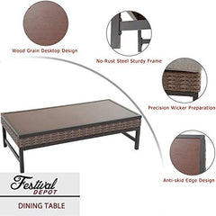 Festival Depot Furniture Dining Bistro Patio Outdoor Side Coffee Table Wicker Rattan Rectangle with Metal Slatted Steel Legs All Weather for Garden Yard 47.2"(L) x 13.3"(H) x 23.6"(W),Brown Black