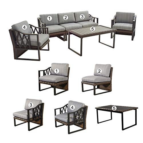 Festival Depot 6pcs Outdoor Furniture Patio Conversation Set Sectional Sofa Chairs All Weather Brown Rattan Wicker Slatted Coffee Table with Grey Thick Seat Back Cushions, Black 