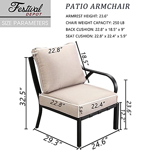 Festival Depot 1 Piece Patio Sofa Chair Outdoor Furniture Metal Armchair with Thick Seat and Back Cushions for Bistro Porch Balcony, Beige