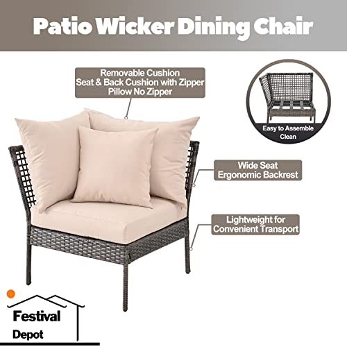 Festival Depot Patio Wicker Dining Chair, All-Weather Rattan Sectional Sofa Outdoor Furniture with Metal Frame Removable Seat & Back Cushion Pillow for Garden Pool Backyard Lawn (Beige)