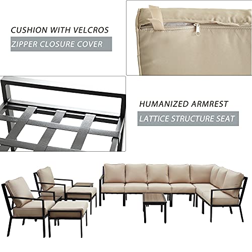 Festival Depot 14-Pieces Patio Outdoor Furniture Conversation Sets Loveseat Sectional Sofa, All-Weather Black X Slatted Back Chair with Coffee Table and Removable Couch Cushions (Beige) 