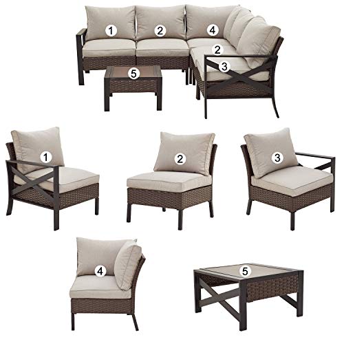 Festival Depot 6 Pcs Patio Outdoor Furniture Conversation Set Sectional Corner Sofa with All-Weather Brown Wicker Back Chair, Coffee Side Table, Ottoman and Soft Thick Removable Couch Cushion 